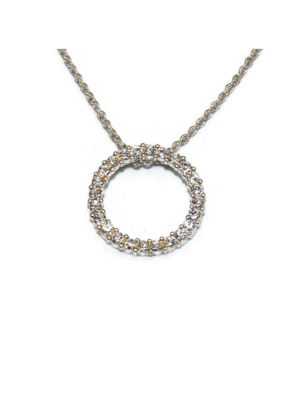 Vintage Avon Silver Tone and Clear Rhinestones Circle Pendant on 15" Chain.